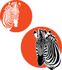 wild african zebra head portrait with orange sun circle in the background - safari animal vector design set