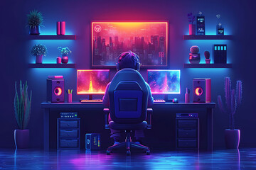 gamer in headphones plays at the computer, neon background