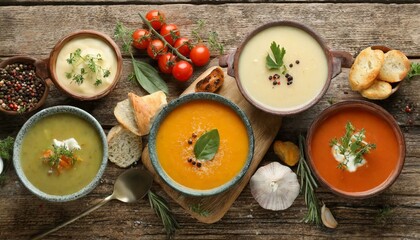 Soulful Broths: A Flat Lay Feast of Creamy Soup Delights on Vintage Wood"