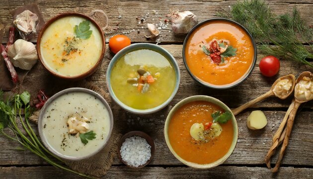 Old-World Flavor: Ingredients and Cream Soups Arranged Artfully on Wood"