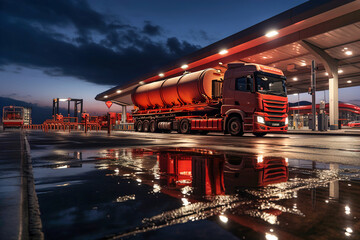Tank truck parked in front of gas station.