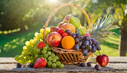fruits and vegetables Harvest Hues: Outdoor Elegance with a Sunlit Assorted Fruit Basket"