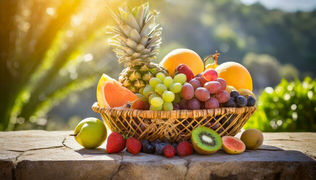basket of fruits Harvest Hues: Outdoor Elegance with a Sunlit Assorted Fruit Basket"