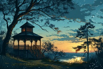 Serene twilight gazebos, offering peaceful refuge in the hour between day and night - Generative AI
