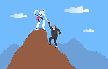 robot helps  businessman to climb the mountain teamwork concept vector illustration