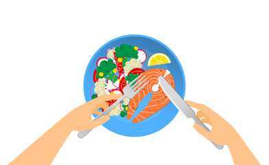 hands hold fork and knife salmon steak lemon slice and vegetables  on  plate healhy food top view vector illustration