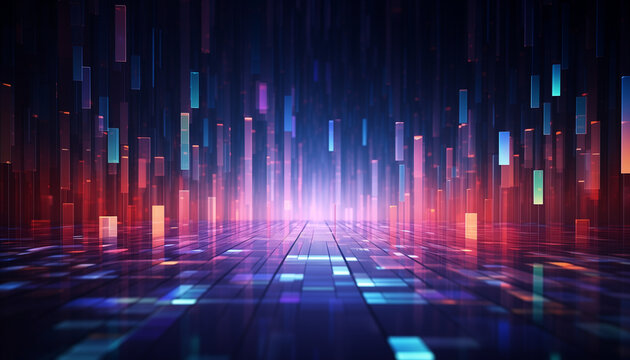 abstract multicolored tech background, in the style of futuristic cyberpunk, bokeh, data visualization, cosmic landscape, light red and blue