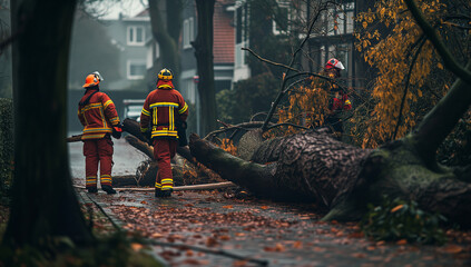 Firefighters removing a fallen tree, storm damages - obrazy, fototapety, plakaty
