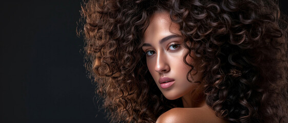 Fototapeta premium Ethereal beauty: a woman's piercing gaze amidst a cascade of rich, curly locks—intensity wrapped in softness