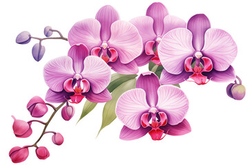 Fototapeta na wymiar Watercolor Orchid flower. Purple and pink horizontal floral arrangement botanical illustration isolated. Blossom flowers design.