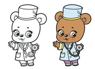 Cute cartoon baby bear dressed as a doctor with a phonendoscope color and outlined for coloring page on white background