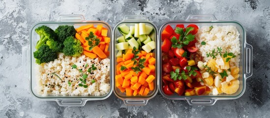 Vegetarian meal containers with rice, veggies, and fruits. Lunch box dinner. Overhead view.