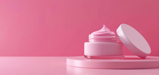 pink cosmetic cream in an open jar on a matching pastel pink background
