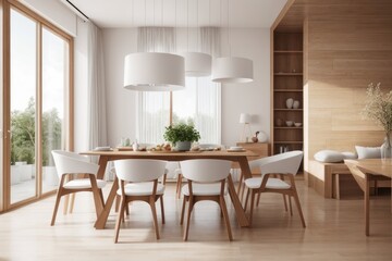 Fototapeta premium Interior home design of modern dining room with chairs and dining table with wooden furniture and houseplants near the window