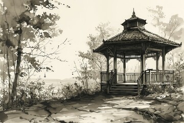 Fototapeta premium Serene twilight gazebos, offering peaceful refuge in the hour between day and night - Generative AI