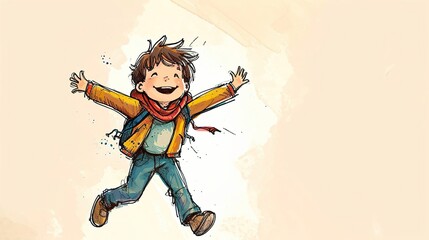 Cute, happy boy. Ink sketch style illustration in color, copy space
