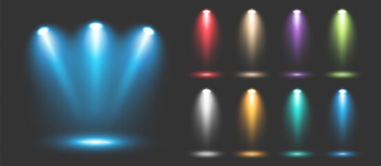 A set of blue and colored luminous transparent lighting effects on a dark gray background. An illuminated stage, a collection of spotlights. Studio lighting. Vector EPS 10.
