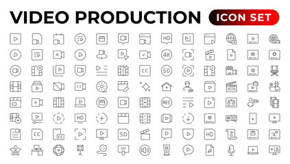 Video icon set. Containing camera, play, pause, media, online video, live, production, player, movie and cinema icons.Outline icon set. - obrazy, fototapety, plakaty