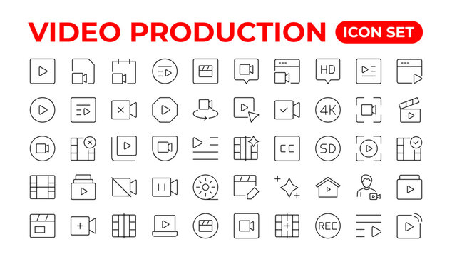 Video icon set. Containing camera, play, pause, media, online video, live, production, player, movie and cinema icons.Outline icon set.