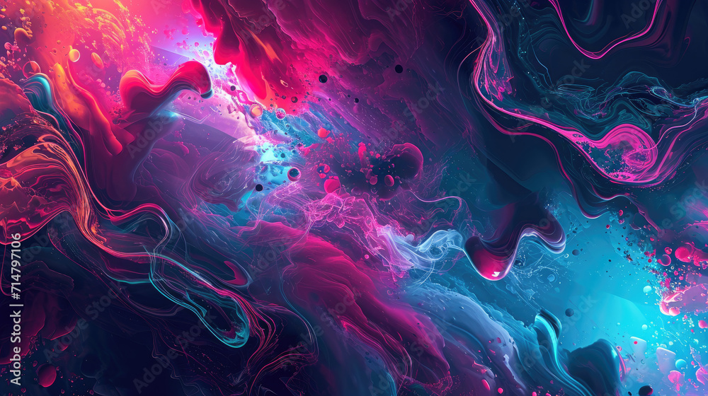 Poster fluid background with glowing plasma-like shapes in intense neon colors on a dark background