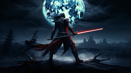 In a moonlit background, a fantasy ninja warrior wields a sword. This captivating image blends mystery and action, capturing the essence of a skilled and enigmatic character.