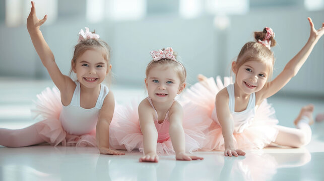Little ballerinas girls and boys doing splits on the white floor, copy space. Smiling babies dreaming of becoming professional dancers, classical dance school 