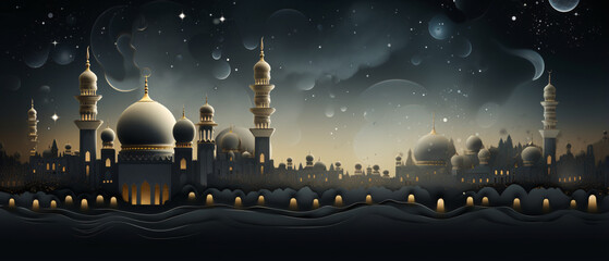 A serene Islamic background for a mosque in shades of gray. The minimalist design creates a peaceful ambiance, ideal for digital settings or presentations related to Islam.