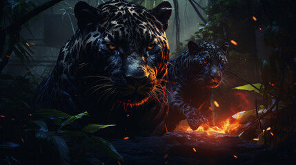 In the jungle, panthers roam the nighttime terrain illuminated by the glow of fire. This captivating scene captures the wild essence of nocturnal predators in their natural habitat.