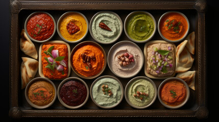 A tray of assorted Middle Eastern dips, such as baba ghanoush and muhammara, a tasty addition to any Ramadan gathering