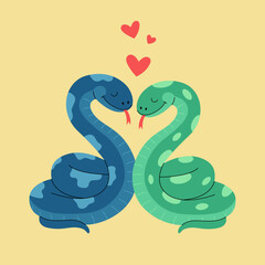 Fototapeta premium Two snakes in love sitting together. Romantic reptiles couple with hearts. Vector flat illustration for valentines day poster, banner, greeting card