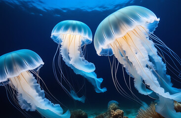 Obraz premium Three jellyfish swims in ocean. Beautiful sea life