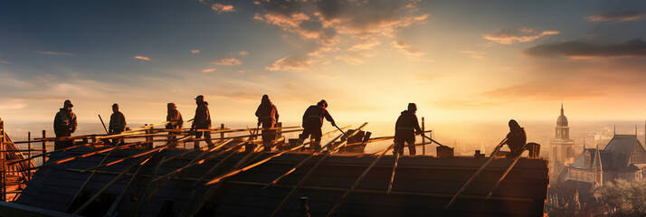 A group of people working on top of a house roof and placing tiles. Sunset backlight. People silhouettes. - obrazy, fototapety, plakaty