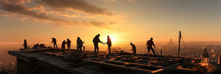 A group of people working on top of a house roof and placing tiles. Sunset backlight. People silhouettes. - obrazy, fototapety, plakaty