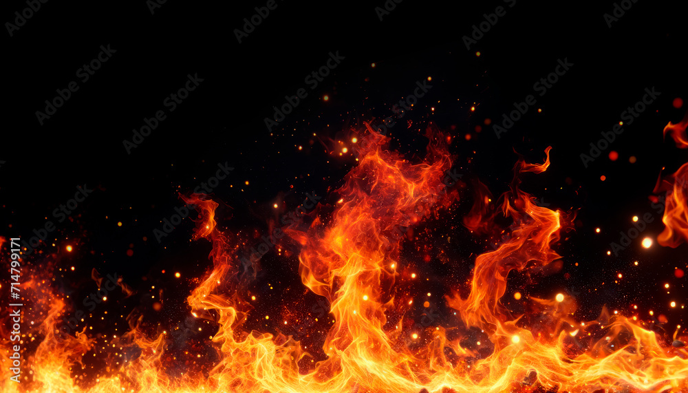 Poster vibrant flames and sparkling embers rising in the dark. energy and power concept. generative ai