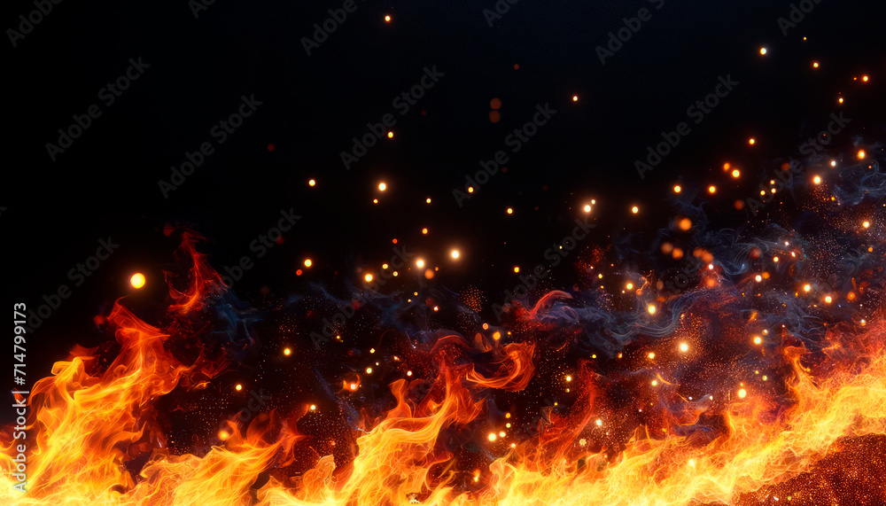 Poster Dynamic fiery texture with glowing particles on a dark background. Energy and transformation concept. Generative AI
