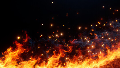 Dynamic fiery texture with glowing particles on a dark background. Energy and transformation concept. Generative AI