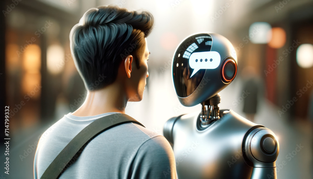 Poster young man with futuristic robot head in conversation, urban setting. technology and humanity concept