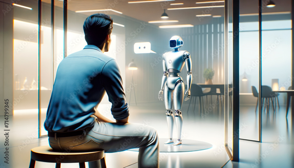 Poster Man sitting opposite a robot in a sunlit modern space, discussing technology. Future workplace concept. Generative AI