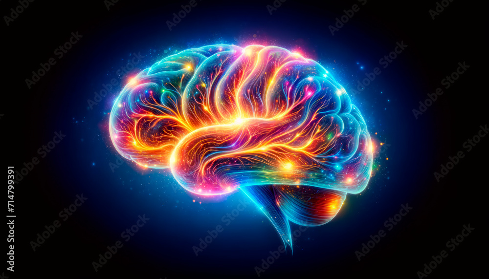 Poster Glowing brain with swirling patterns depicting machine intelligence and data processing. Brainpower concept. Generative AI