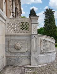 Aged marble wall of imperial Ottoman summer Ihlamur Pavilion with carved pattern ornaments and...