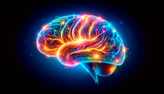 Glowing brain with swirling patterns depicting machine intelligence and data processing. Brainpower concept. Generative AI