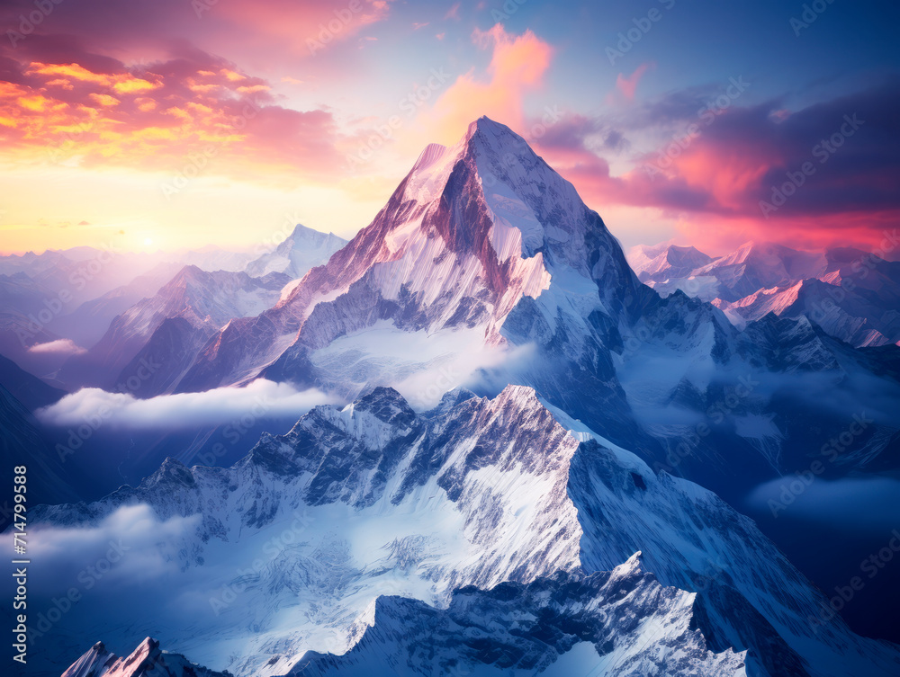 Poster sunset alpenglow on a majestic mountain summit above the clouds. generative ai