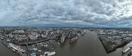 180 degrees panorma aerial photo of HafenCity is a district of the German city of Hamburg , centrally located in the Hamburg-Mitte district. Aerial birds eye drone view