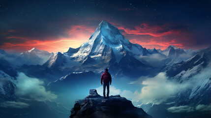 A man gazes at a majestic mountain view, captivated by the breathtaking scenery. The image reflects the awe-inspiring connection between humanity and the beauty of nature. - obrazy, fototapety, plakaty