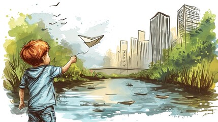 Cute, happy boy launches a paper plane in a creek with a city in the background. Color illustration in ink sketch style