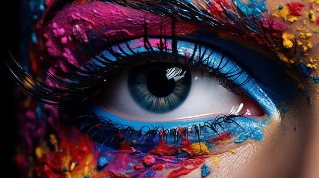 blue eye with colorful makeup. creative makeup concept