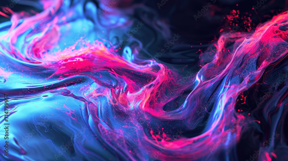 Poster fluid background with glowing plasma-like shapes in intense neon colors on a dark background