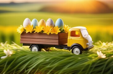 Easter concept. A toy truck full of colorful Easter eggs against the background of a field with green grass and flowers. Egg delivery. Close-up. Blurred background.
