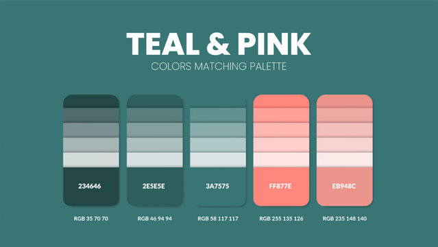 Color palette in Teal and Pink colour theme collections. Color inspiration or colour chart with codes template. Color combination set of RGB. Colors swatch for graphic design, art, fashion or website.