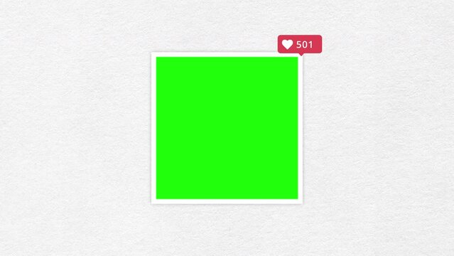Social media post with social media likes counter. Social media frame with green screen. Social media interface frame isolated on white textured background. 